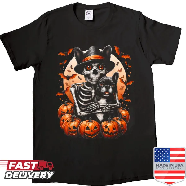 Adorable skeleton hugging a French Bulldog on Halloween shirt