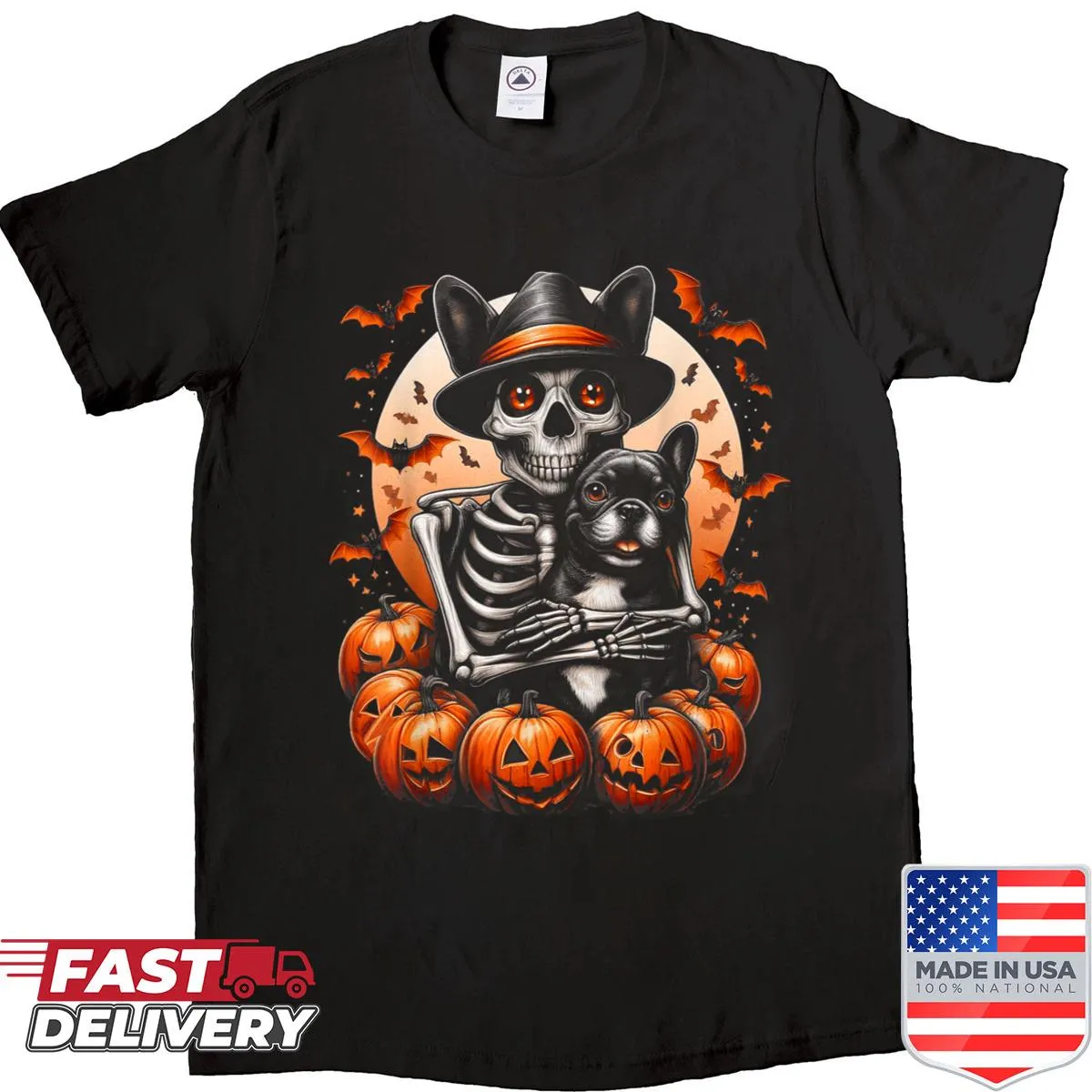 Adorable skeleton hugging a French Bulldog on Halloween shirt