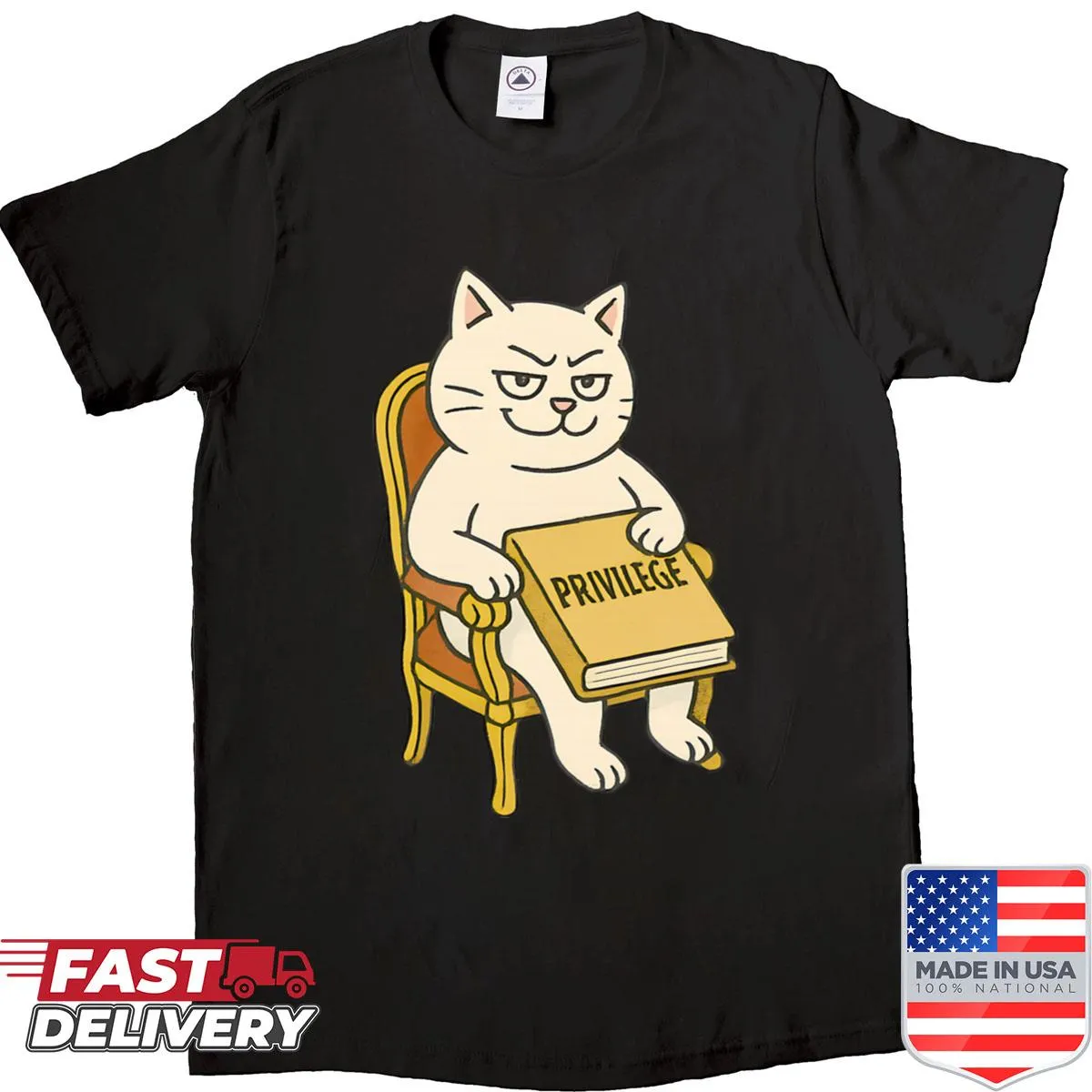 Oversized shirt with the phrase Smug Cat Privilege Book