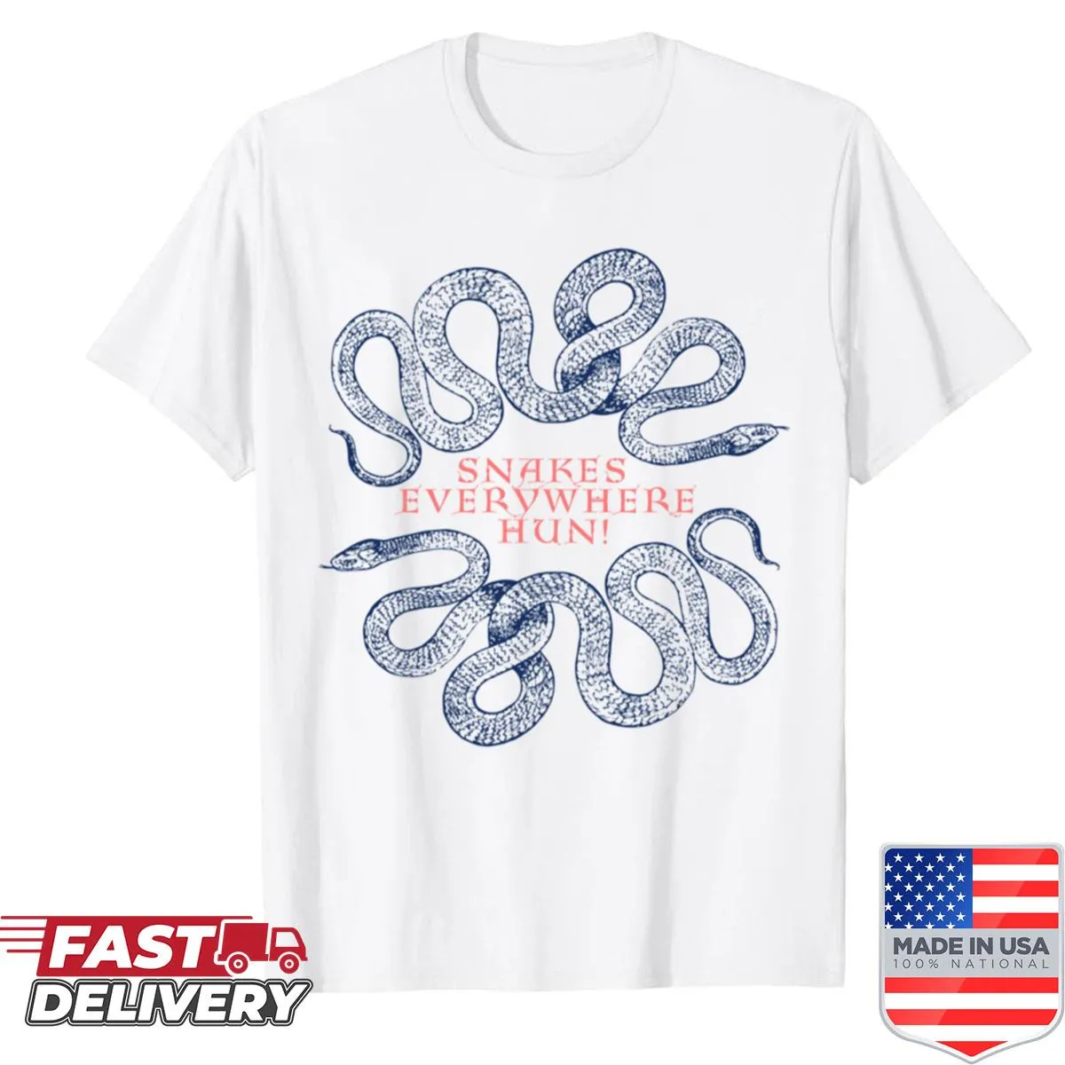 T-shirt with playful 'Snakes Everywhere' phrase in bold typography