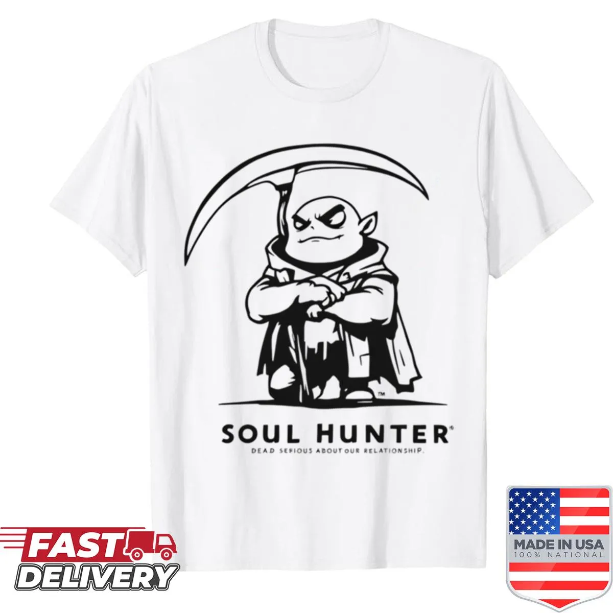 Graphic t-shirt featuring a grim reaper and 'Dead Serious' text