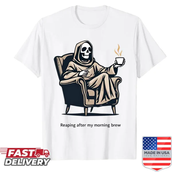 Grim Reaper graphic enjoying coffee on oversized shirt