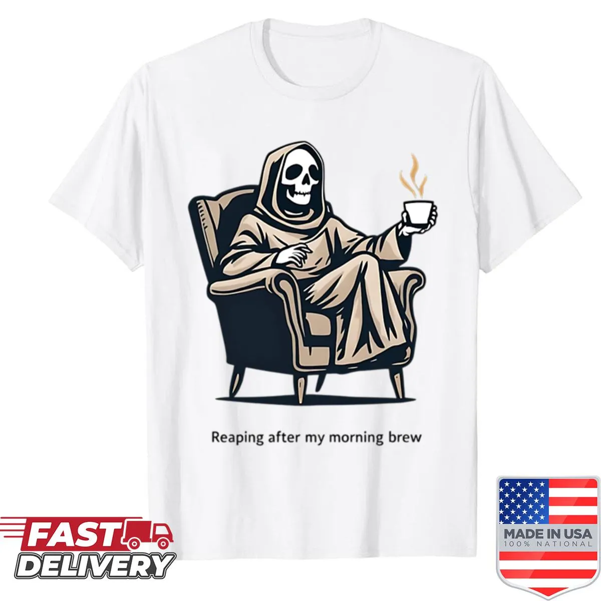 Grim Reaper graphic enjoying coffee on oversized shirt