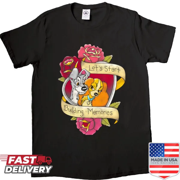 Vintage cartoon dogs enjoying spaghetti on a couple's shirt
