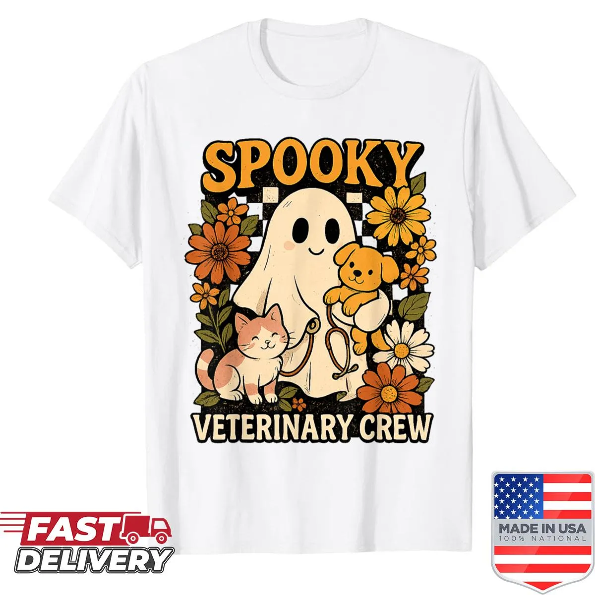 Heartwarming Halloween shirt with ghost, dog, and cat illustration