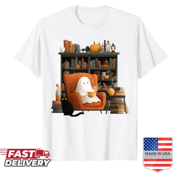 Cute spooky ghost reading a book Halloween shirt