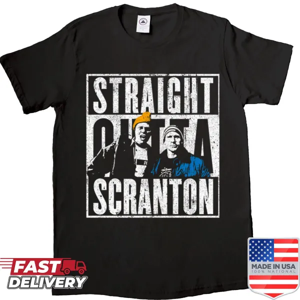 Straight Outta Scranton humorous graphic on shirt
