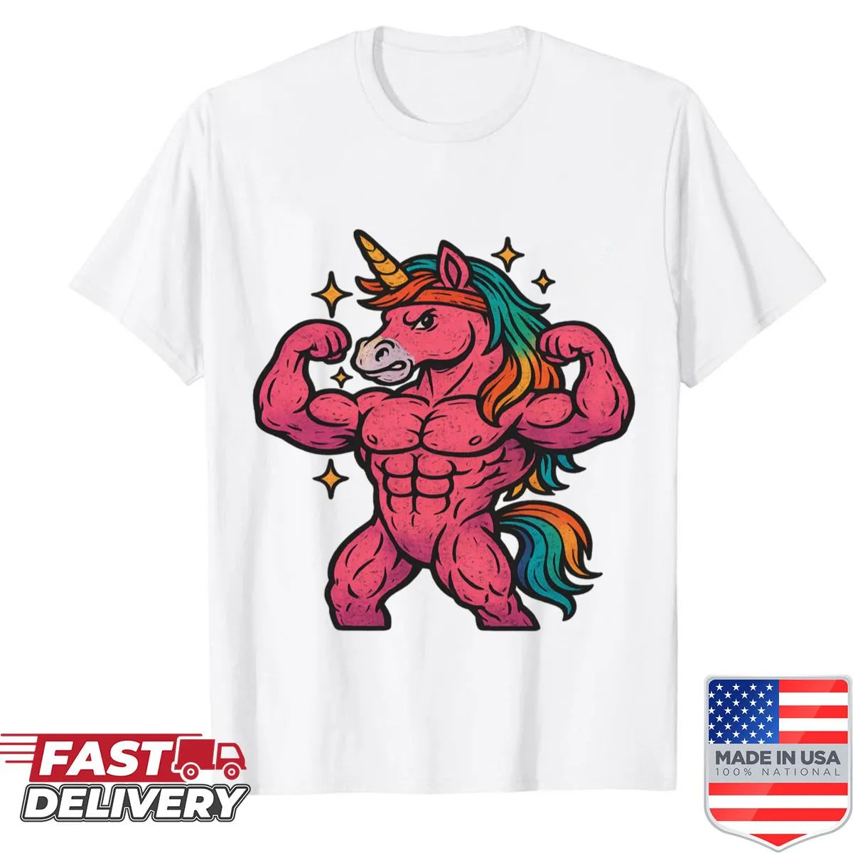Funny unicorn shirt featuring a flexing unicorn with rainbow hair