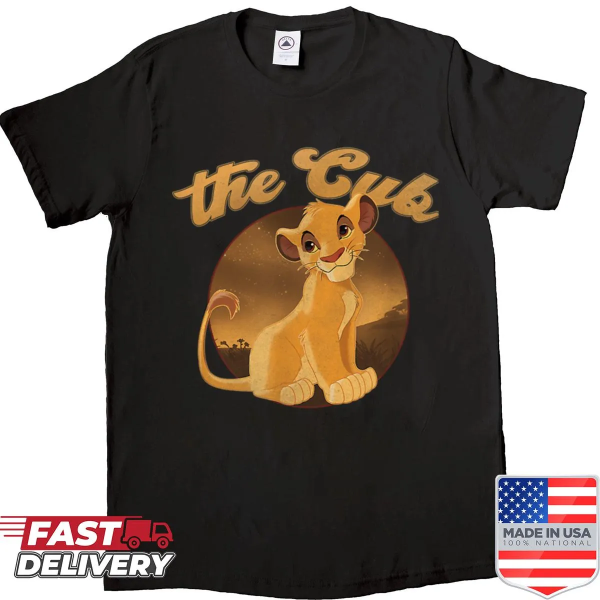 Vintage cartoon lion family shirt with a sunset safari theme