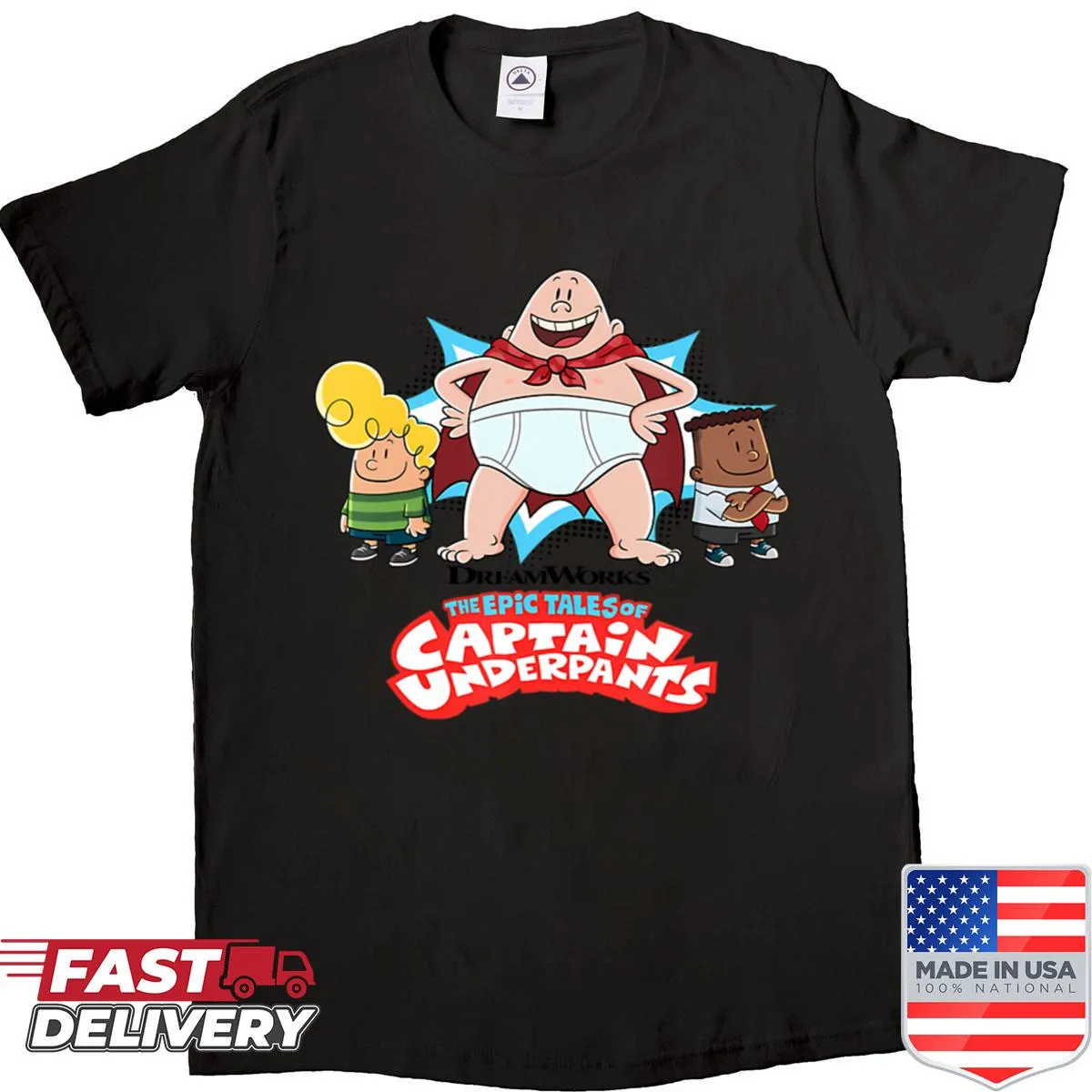 Retro superhero cartoon strip shirt featuring colorful comic book characters