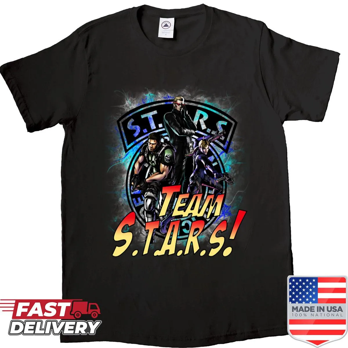 Vintage distressed shirt featuring MVC3 characters Wesker, Valentine, and Redfield