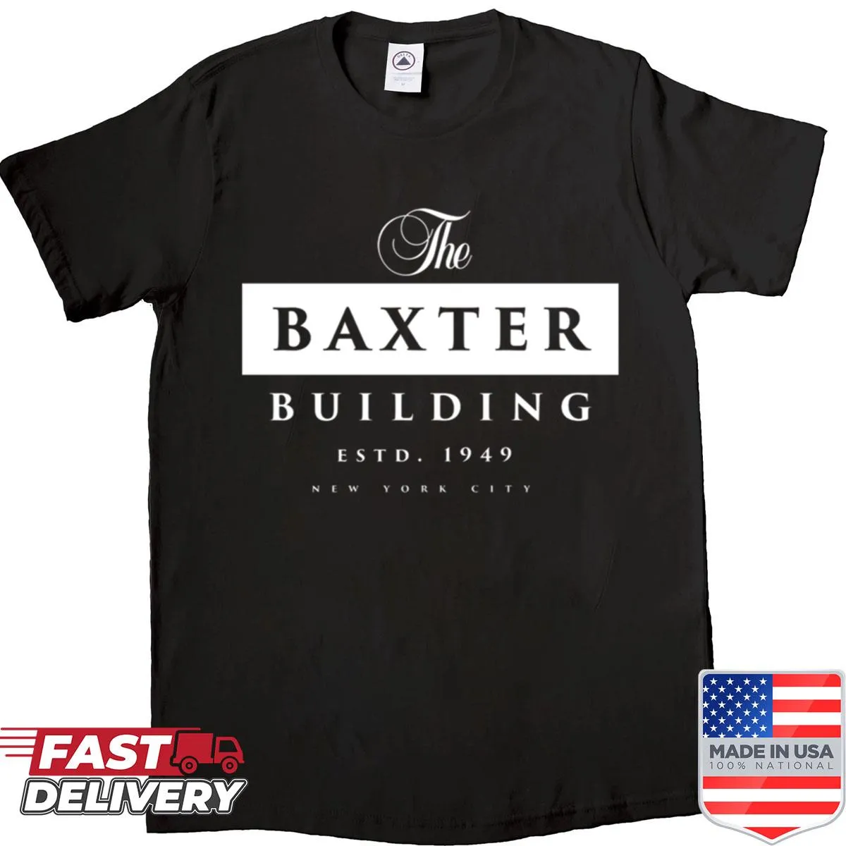 Retro logo t-shirt featuring the Baxter Building from NYC in 1949