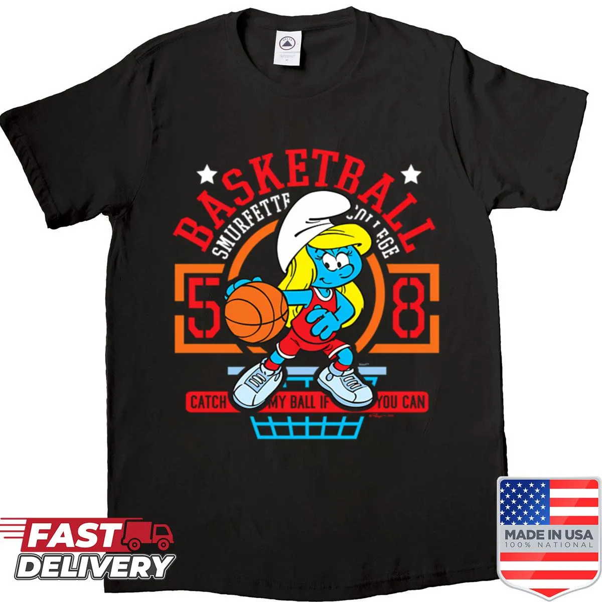 Smurfette basketball illustration on a college logo shirt