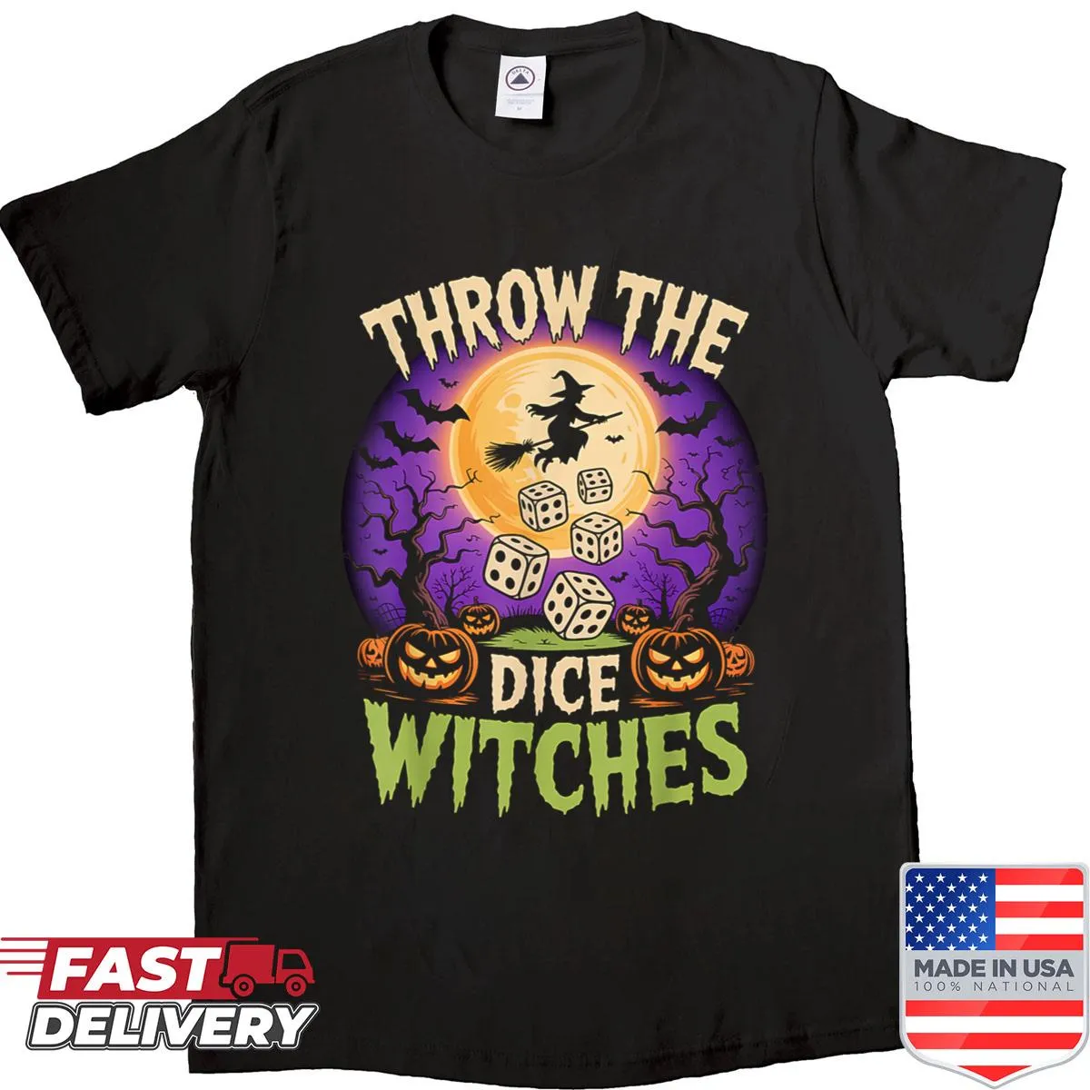 Edgy Halloween t-shirt with a playful witches dice graphic.