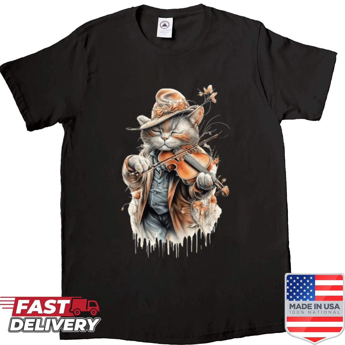 Cat-themed T-shirt featuring music design and humorous text