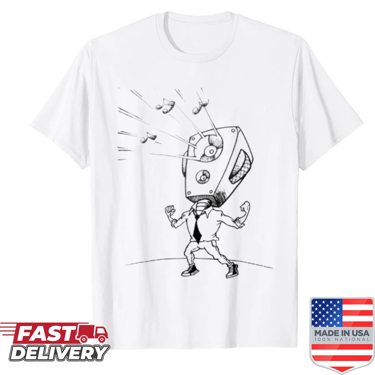Cute shirt with radio design and musical symbols.