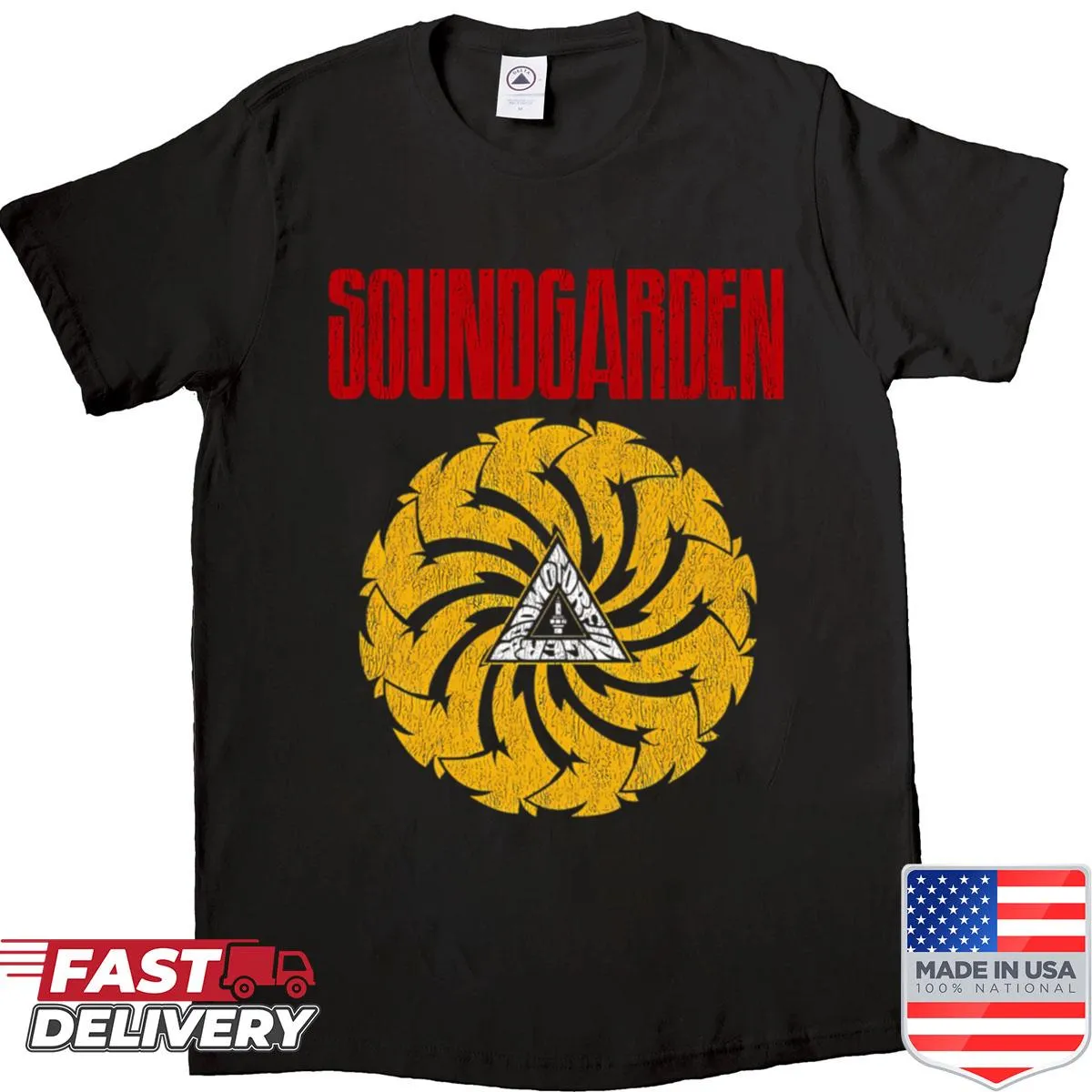 Vintage-style T-shirt featuring classic band logos