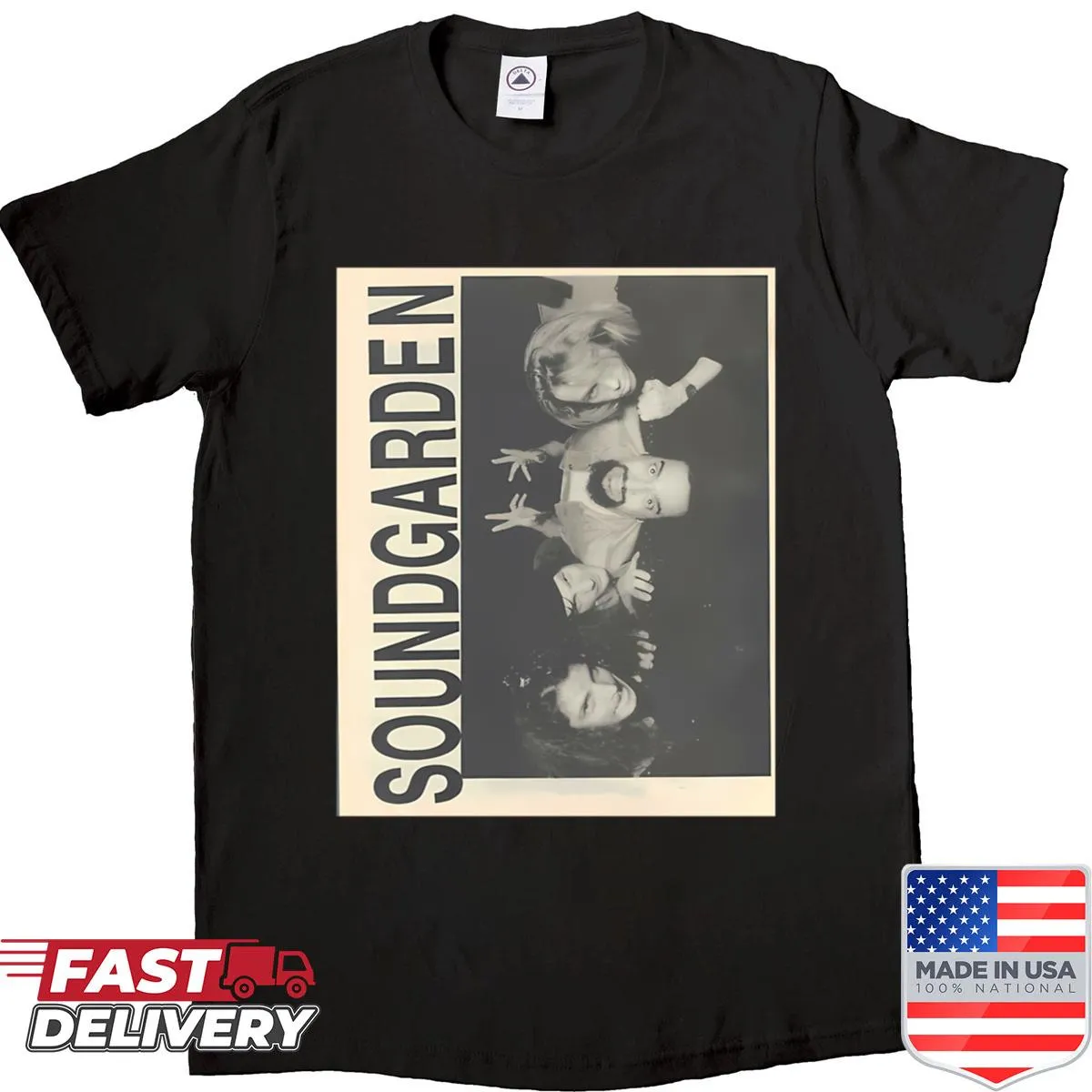 Vintage band logo design on a music-themed shirt