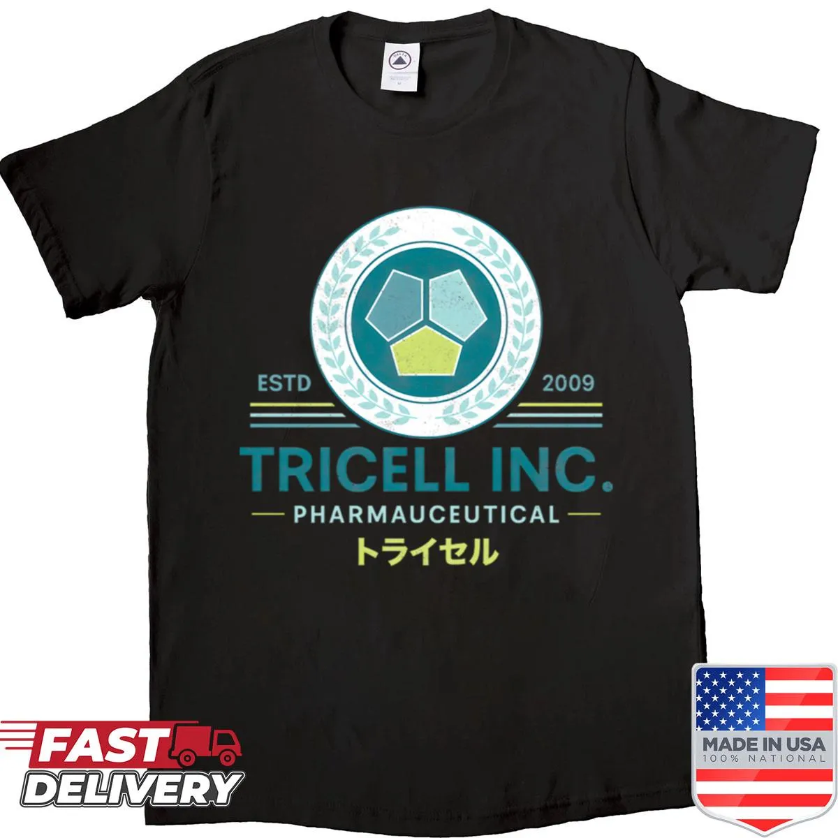 Oversized shirt featuring Tricell Pharmaceutical emblem
