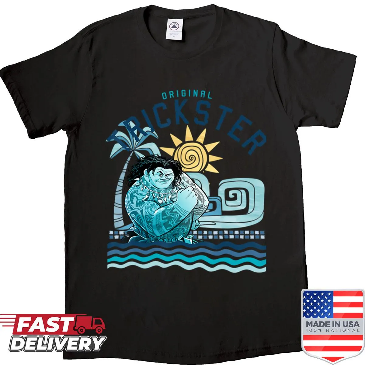 Cartoon girl surfing on waves in a tropical island design shirt