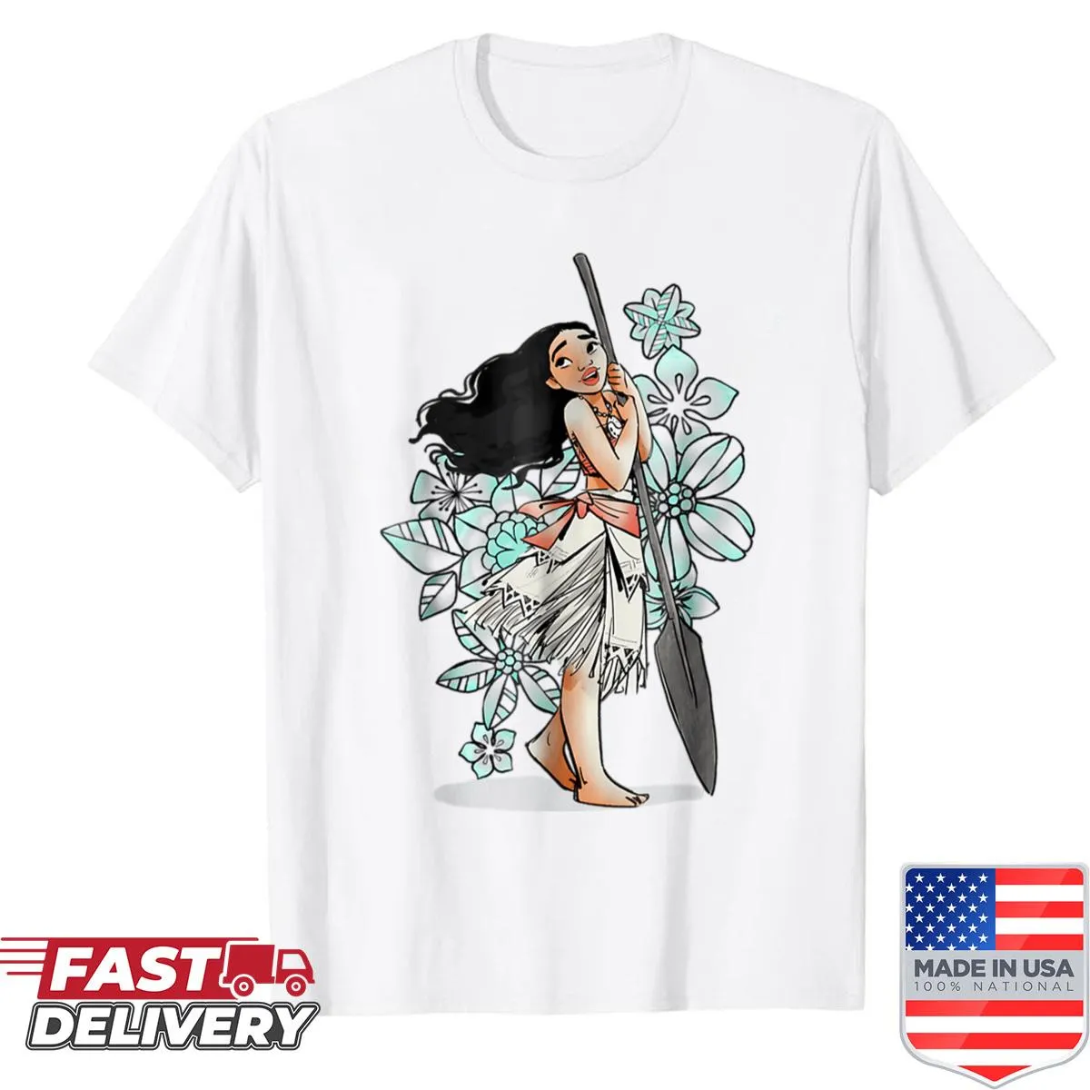 Cartoon design of a girl enjoying tropical waves and an island
