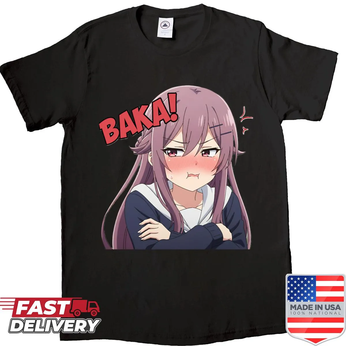 Cute anime waifu meme design featuring 'Tsundere' and 'Baka' text