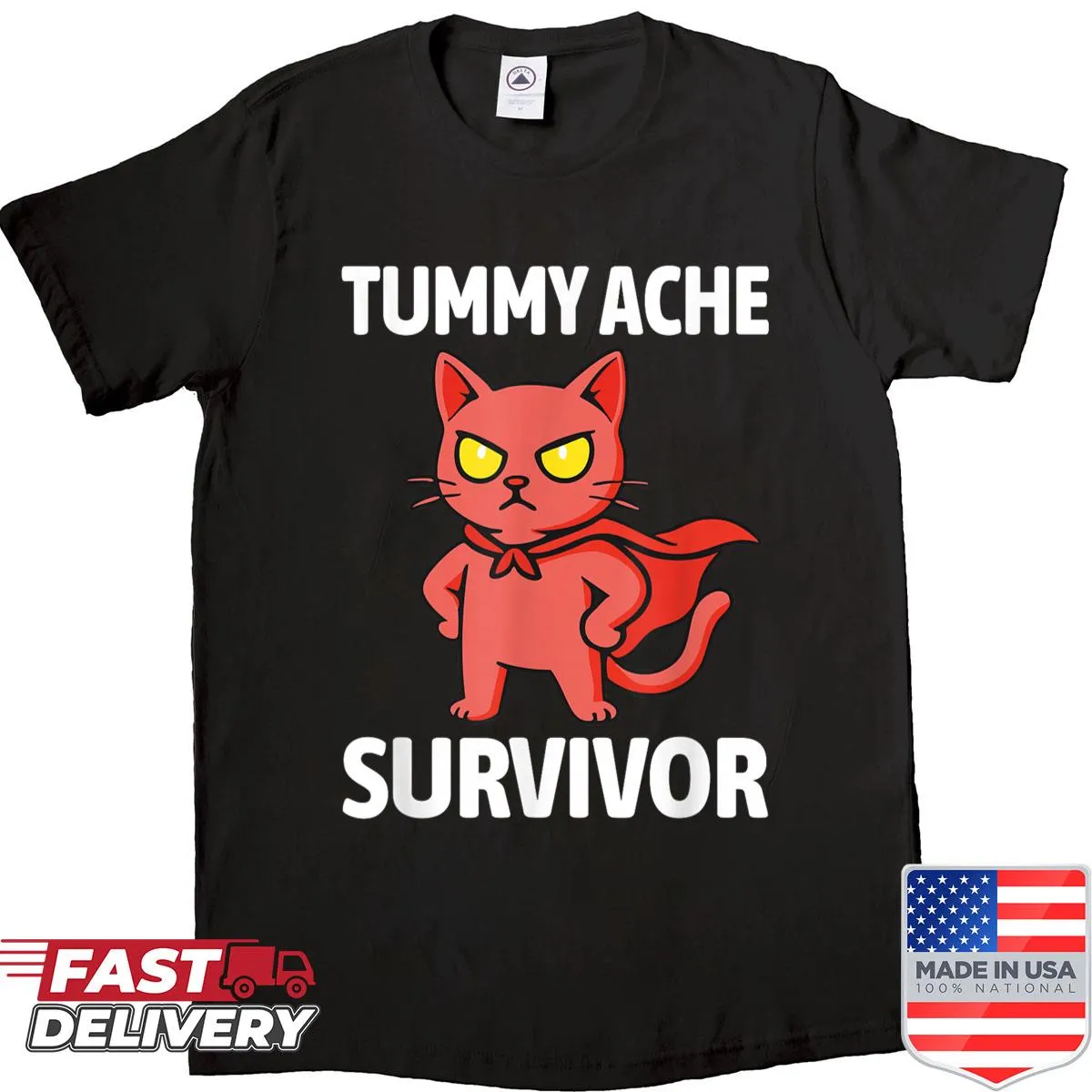 Funny shirt with cartoon cat graphic and 'Tummy Ache Survivor' text