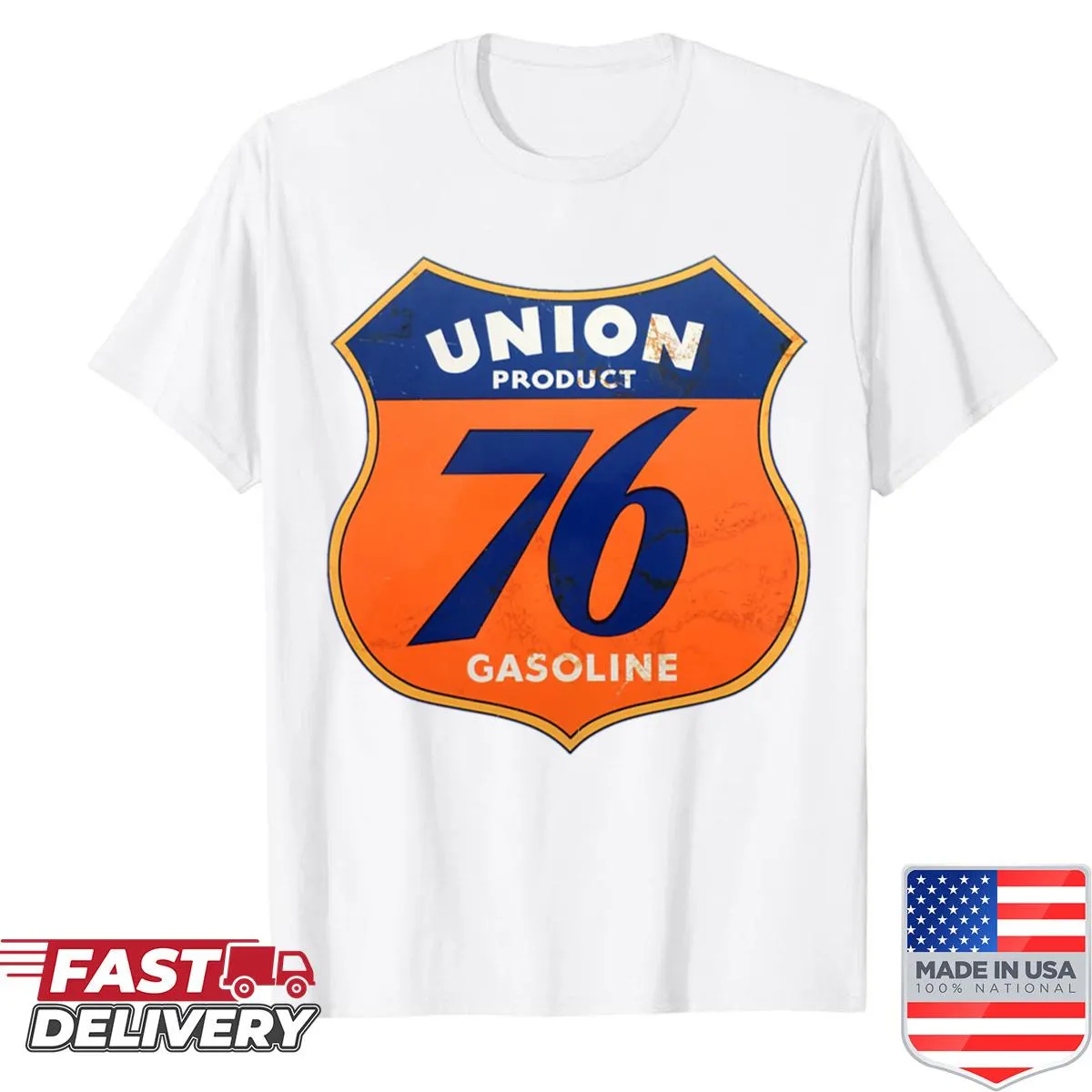 Union 76 Gasoline crest logo shirt celebrating automotive culture.