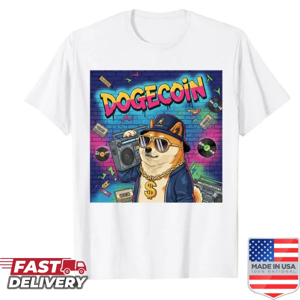 Cartoon Dogecoin design shirt with a hip hop vibe