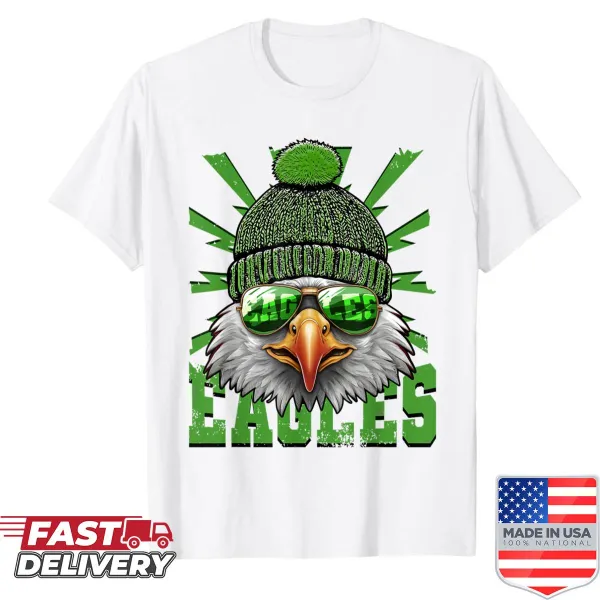 Cartoon graphic of eagles wearing sunglasses on a t-shirt