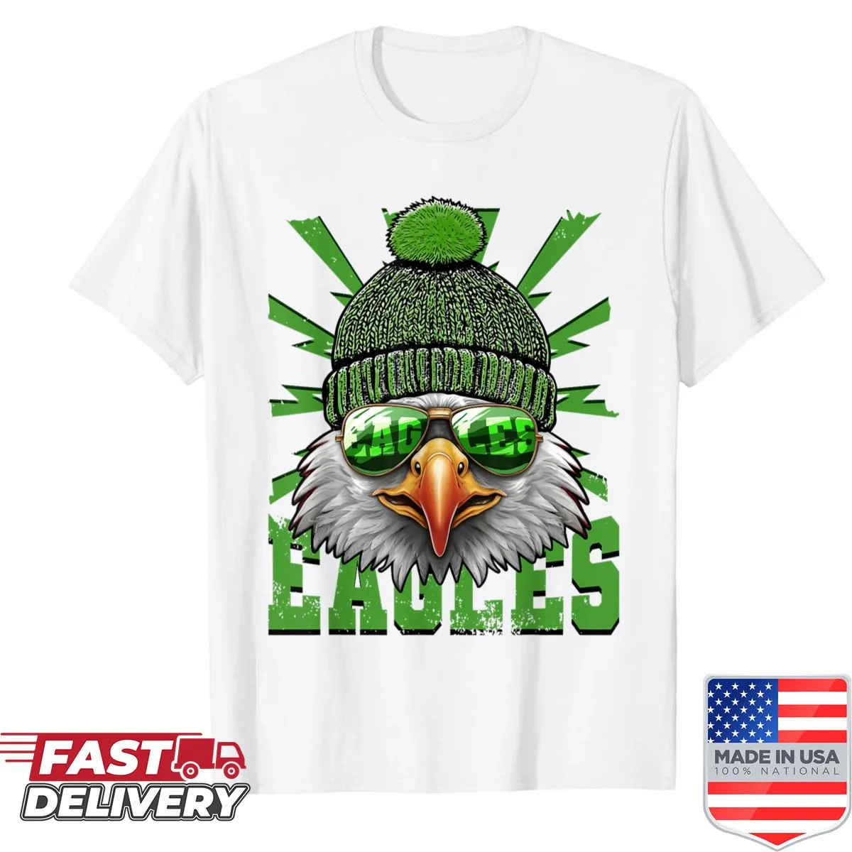 Cartoon graphic of eagles wearing sunglasses on a t-shirt