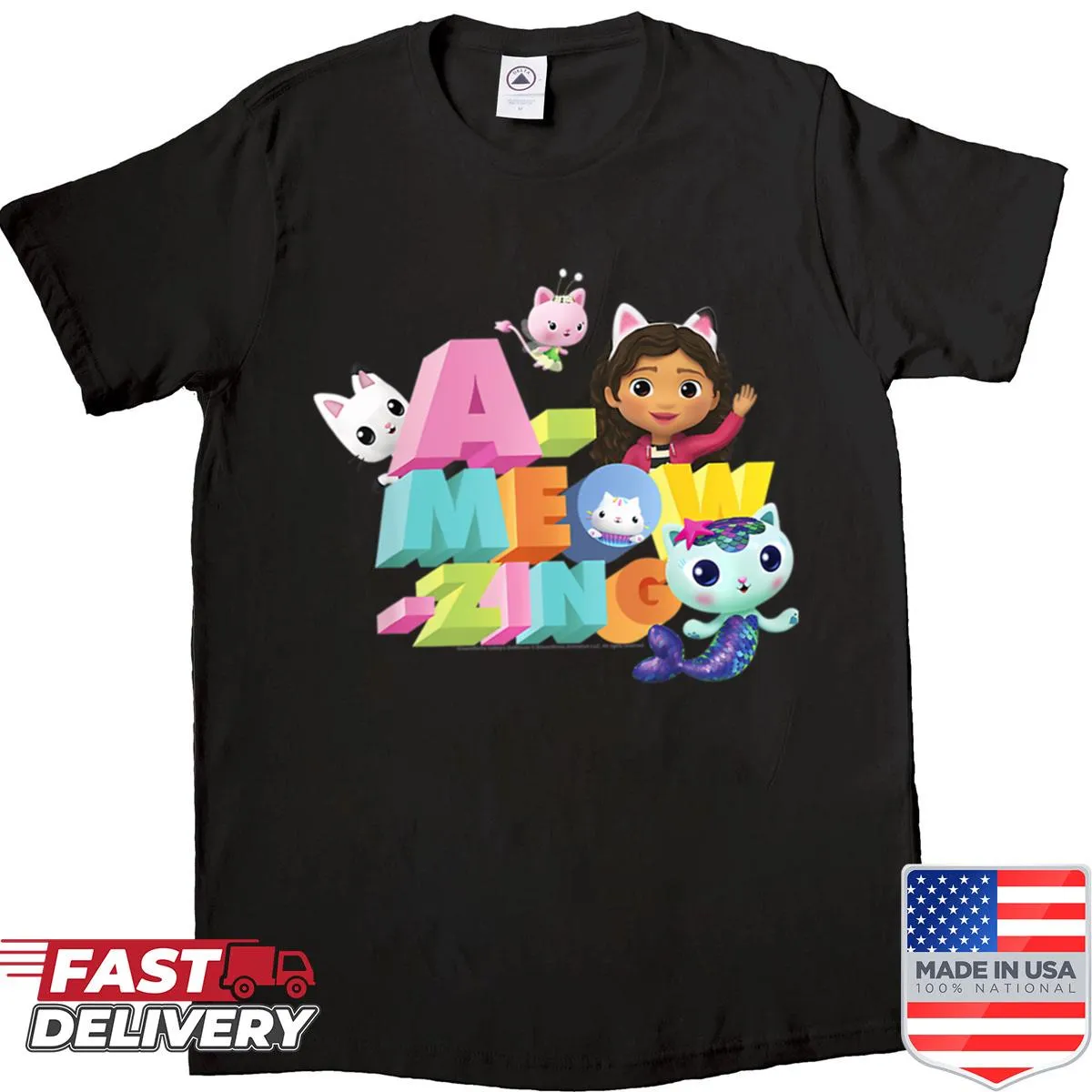 Cute shirt featuring friends in a magical dollhouse with cats