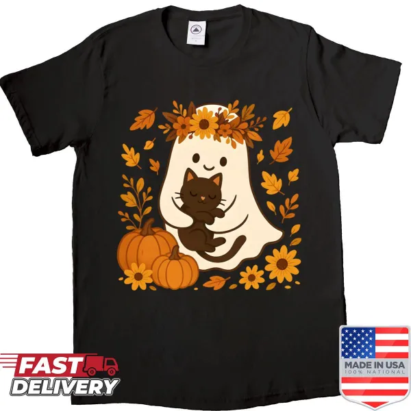 Vintage shirt with Halloween ghost and black cat design