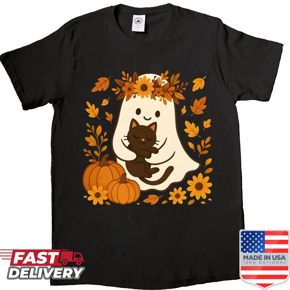 Vintage shirt with Halloween ghost and black cat design