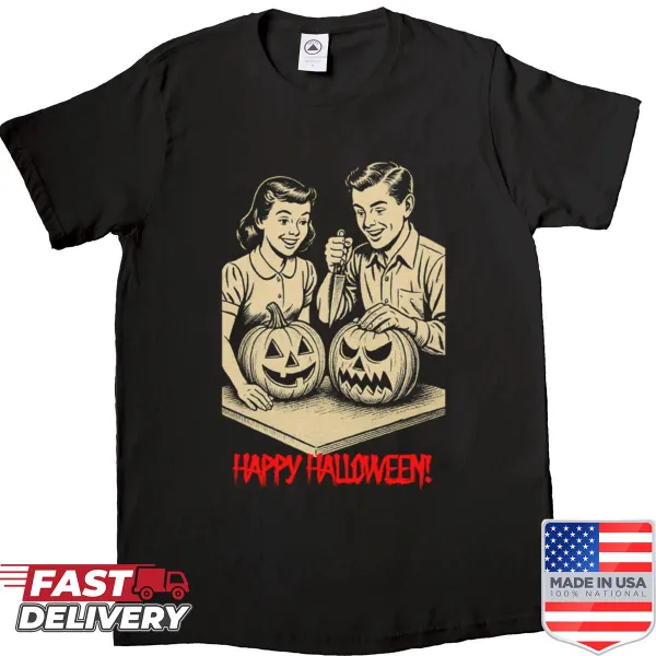 Vintage pumpkin carving graphic on Halloween oversized shirt