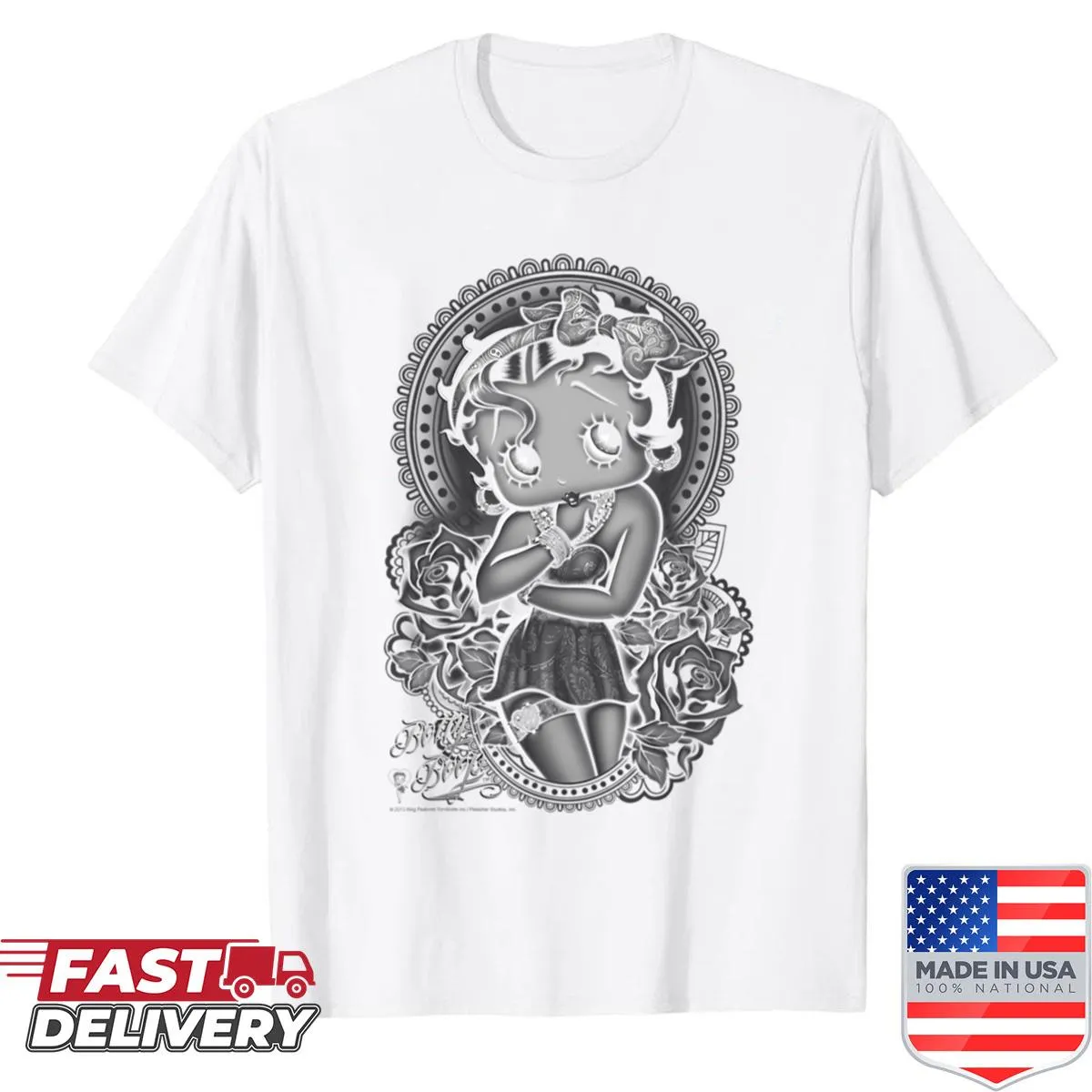 Playful vintage shirt with a fashion-inspired cartoon girl