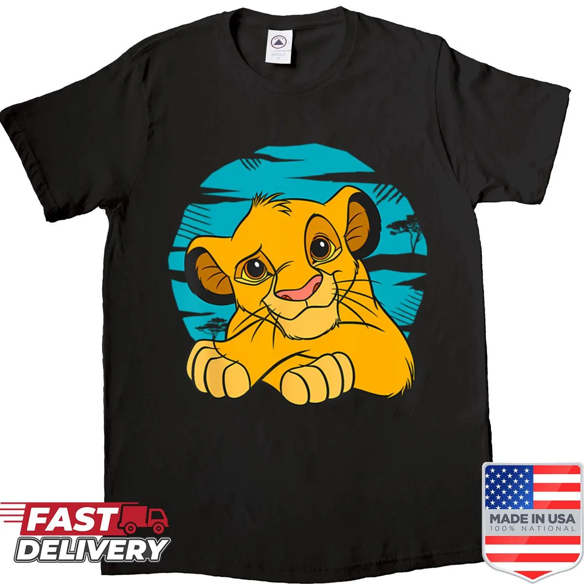 Cartoon lion graphic against a sunset on a kids' shirt