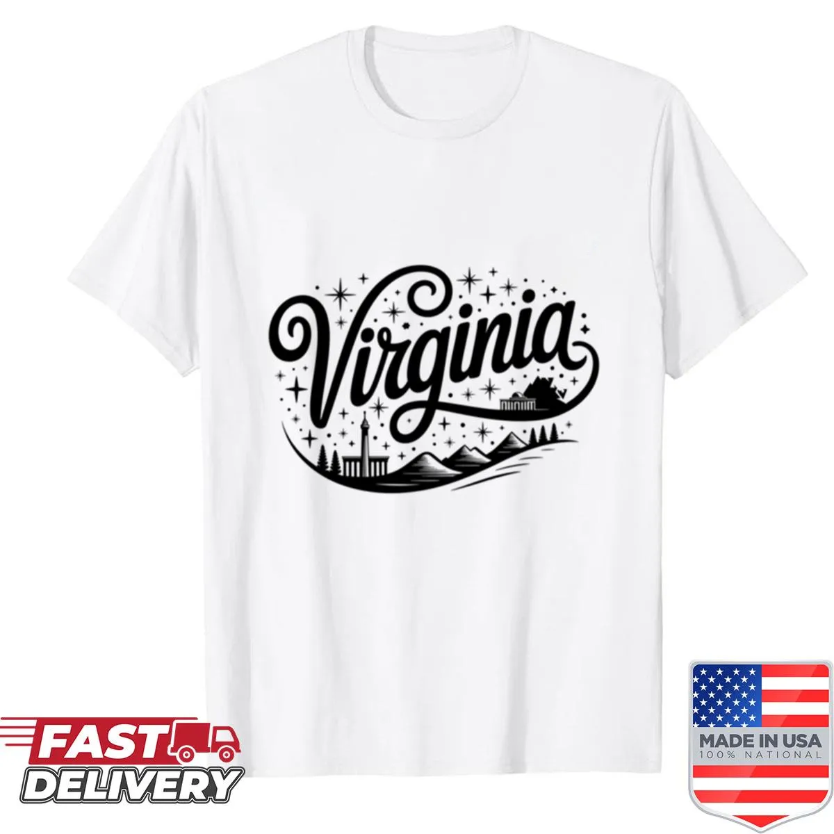 Virginia souvenir shirt featuring state landmarks and symbols