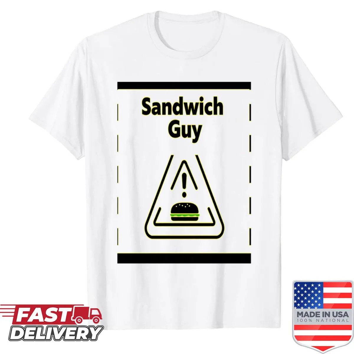 Humorous oversized shirt with sandwich warning label graphic