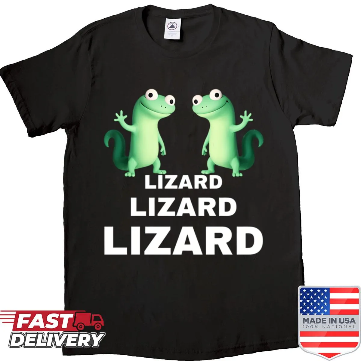 Meme T-shirt featuring 'Lizard Lizard Lizard' in a quirky design.