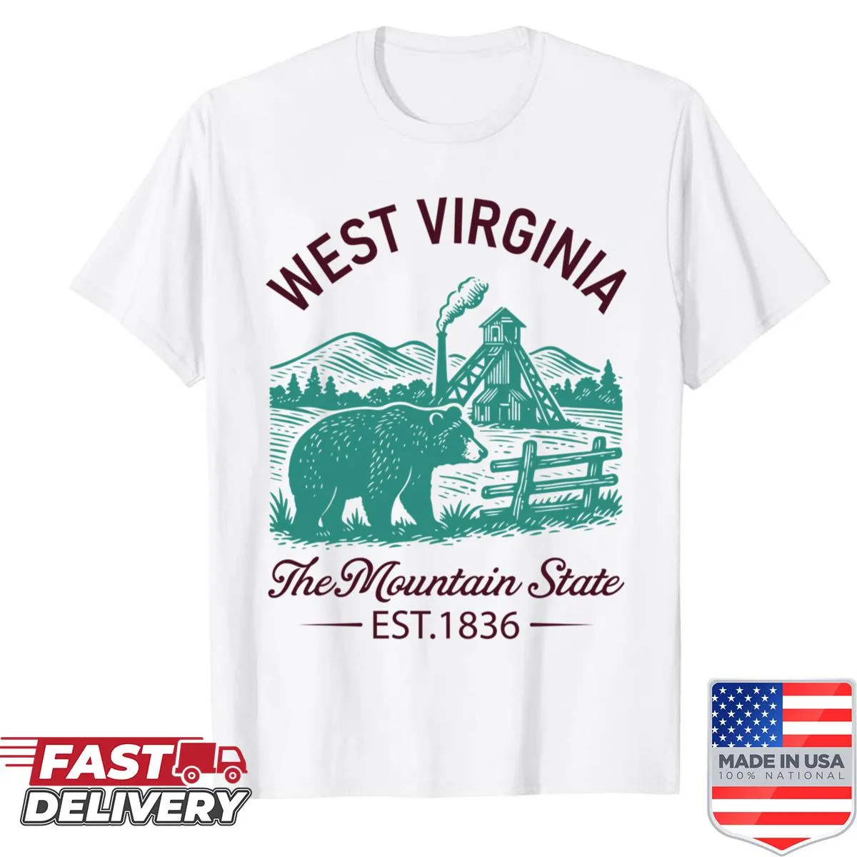 Shirt featuring 'West Virginia The Mountain State' text and design.