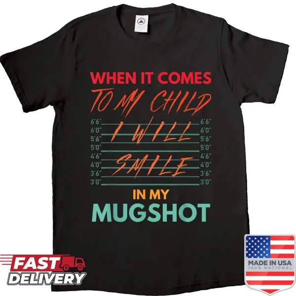 Vintage distressed shirt with humorous mom saying about mugshots.
