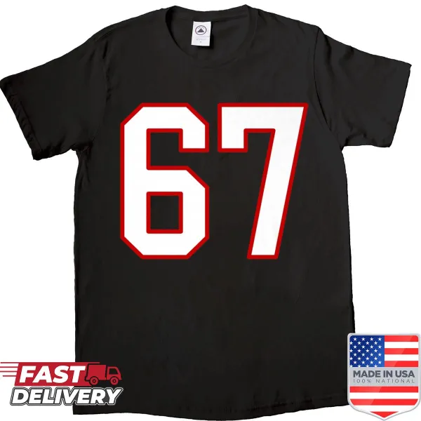 Sports jersey shirt featuring number 67 in white and red