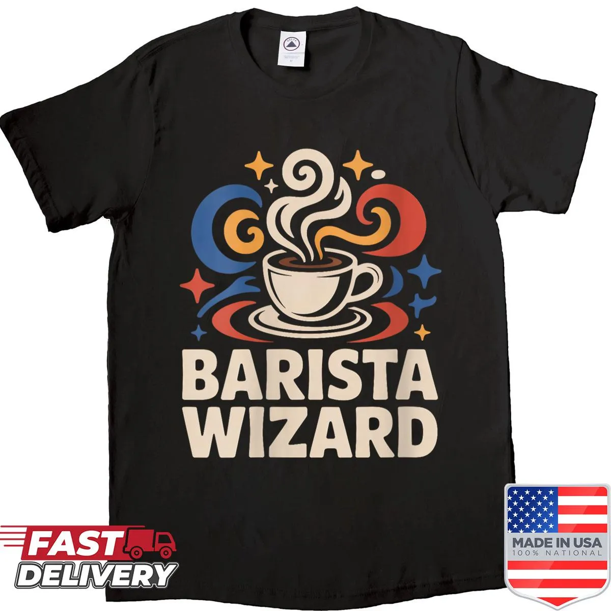 Whimsical shirt with a wizard brewing coffee and steam swirls