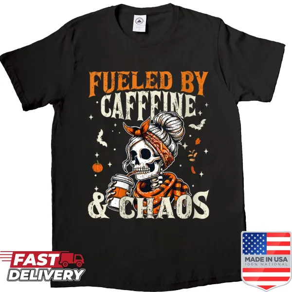 Funny shirt for moms featuring coffee and chaos theme for Halloween