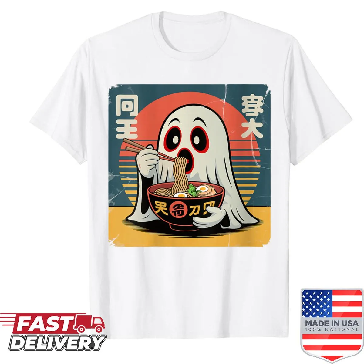 Kawaii Halloween shirt with ghost eating ramen design