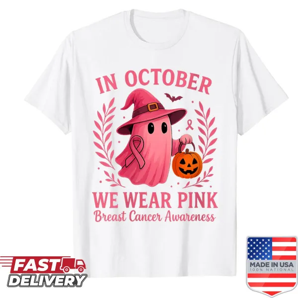 Shirt promoting breast cancer awareness with Halloween theme and pink text.