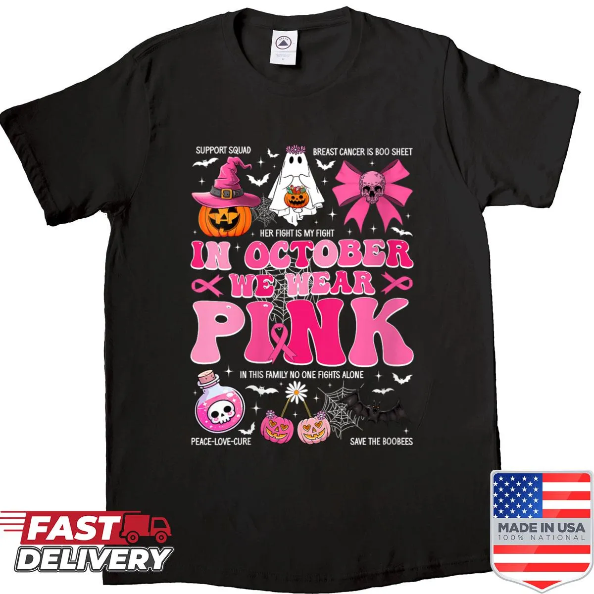Halloween-themed shirt featuring ghosts and pink awareness message