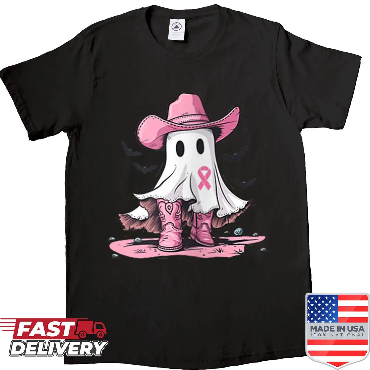 October themed shirt featuring a pink cowboy ghost supporting breast cancer awareness