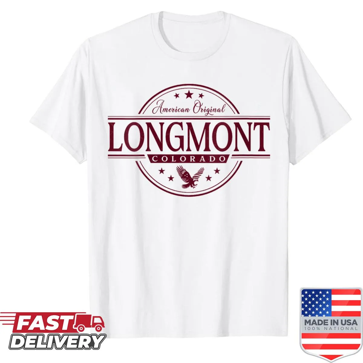 Vintage-style label T-shirt celebrating Longmont, Colorado